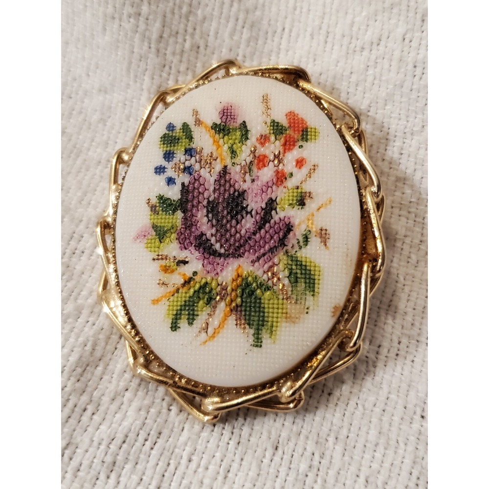 Vintage 1960's Gold Tone Ceramic Brooch Floral Purple Pink Yellow